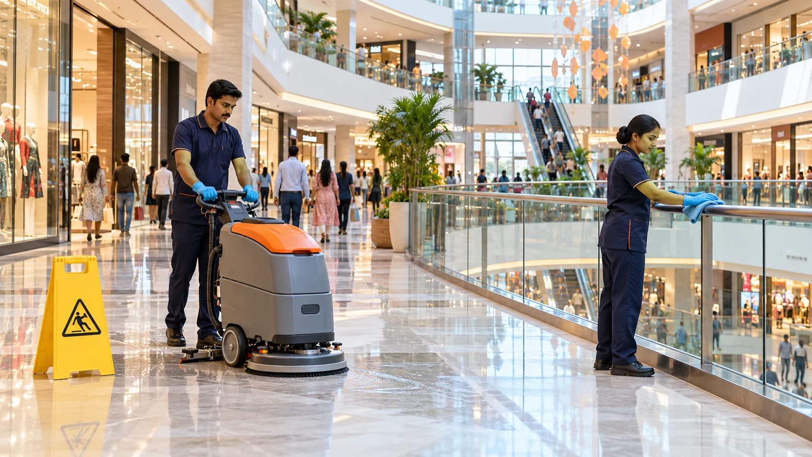 Professional shopping mall cleaning team maintaining floors and glass railings