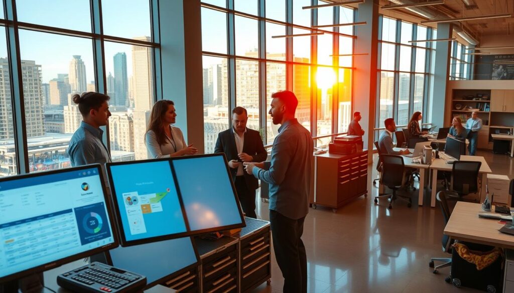 A modern corporate facility management office, bathed in warm natural light from large windows overlooking a bustling city skyline. In the foreground, Naicon FMS PVT LMT employees discuss workflow and maintenance schedules on sleek touchscreen displays. The middle ground features a well-organized equipment storage area, with neatly arranged toolboxes and cleaning supplies. The background showcases an open floor plan with ergonomic workstations, collaborative meeting spaces, and a dedicated break room. The overall atmosphere conveys efficiency, professionalism, and a commitment to providing expert corporate facility management services.