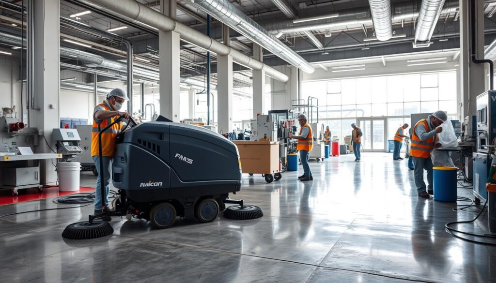 A modern industrial facility with workers in protective gear methodically cleaning and sanitizing the production floor. In the foreground, a Naicon FMS industrial deep cleaning machine scrubs the concrete surface, leaving it spotless. In the middle ground, technicians wipe down equipment, machinery, and surfaces using specialized cleaning solutions and tools. The background depicts high ceilings, exposed ductwork, and abundant natural light streaming in through large windows, creating a bright, airy atmosphere. The scene conveys a sense of diligence, efficiency, and a commitment to maintaining a safe, hygienic workspace.