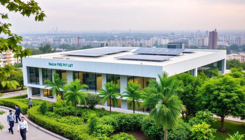A modern, sustainable corporate facility with the Naicon FMS PVT LMT brand prominently displayed on the exterior. The building is surrounded by lush, well-maintained greenery and features solar panels on the roof, reflecting the company's commitment to environmentally-friendly practices. In the foreground, employees can be seen entering the facility, conveying a sense of productivity and efficiency. The middle ground showcases the facility's energy-efficient lighting and advanced HVAC systems, while the background depicts a cityscape, highlighting the strategic location of the building within the urban landscape.