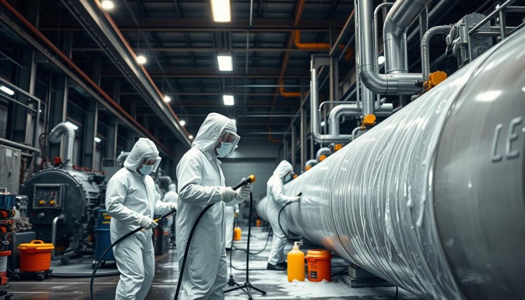 An industrial-grade deep cleaning operation, showcasing the expertise of Naicon FMS. In the foreground, a team of specialized cleaners in hazmat suits thoroughly scrubbing and sanitizing large-scale equipment, every nook and cranny meticulously attended to. Mid-frame, state-of-the-art cleaning tools and powerful industrial-strength solutions at work, their effectiveness highlighted by bright, focused lighting. The background reveals the gritty, utilitarian environment of a manufacturing plant or warehouse, with high ceilings, steel beams, and a sense of scale conveying the magnitude of the task. An atmosphere of diligence, professionalism, and uncompromising attention to detail pervades the scene, reflecting Naicon FMS's commitment to creating a safe, hygienic workspace.