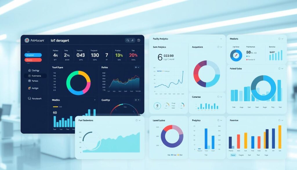 Generate an image of a modern facility management dashboard with various IoT devices and data analytics visualizations.