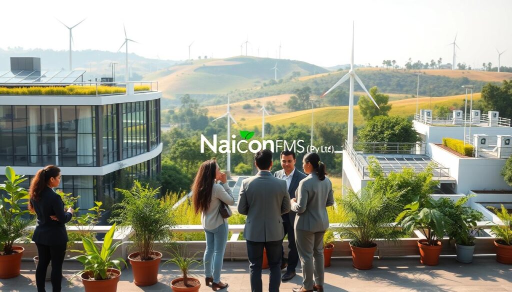 A modern and serene sustainable facility management scene, showcasing a blend of eco-friendly practices. In the foreground, a diverse group of professionals in business attire discusses a green initiative, surrounded by potted plants and solar panels. The middle ground features a sleek, energy-efficient building with large windows that harness natural light, while rooftops boast green spaces and rainwater harvesting systems. In the background, gentle hills with wind turbines and lush trees create a tranquil atmosphere. Soft, natural lighting filters through the scene, suggesting a pleasant day. The overall mood is one of innovation and responsibility in facility management, prominently displaying the brand name "Naicon FMS Pvt Ltd".