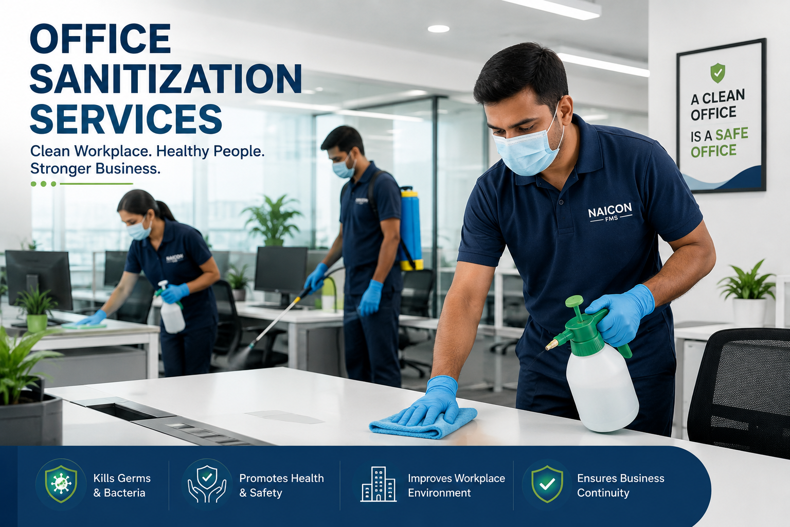 Professional office sanitization services by Naicon FMS with trained staff disinfecting workstations in a modern corporate office.