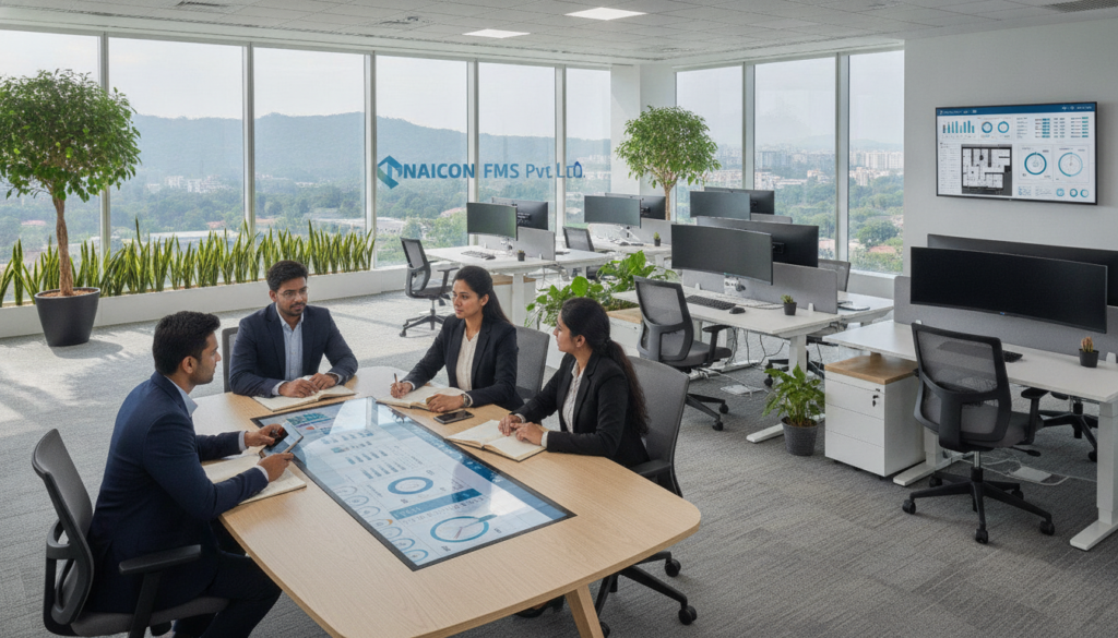 A modern office interior highlighting effective workplace facilities management in Pune. In the foreground, a diverse group of professionals in business attire collaborates around a sleek conference table, discussing strategies for improving productivity. The middle layer features a well-organized workspace with ergonomic chairs, greenery, and advanced technology, such as monitors displaying productivity metrics. The background showcases large windows allowing soft natural light to flood the space, creating a vibrant atmosphere. Subtle details like indoor plants and thoughtful layout promote an efficient, visually appealing environment. The scene is shot from a wide-angle perspective, capturing both the workspace and the engaged employees. Incorporate the logo of NAICON FMS Pvt. Ltd. prominently within the workspace, emphasizing the brand's role in optimizing office facilities.