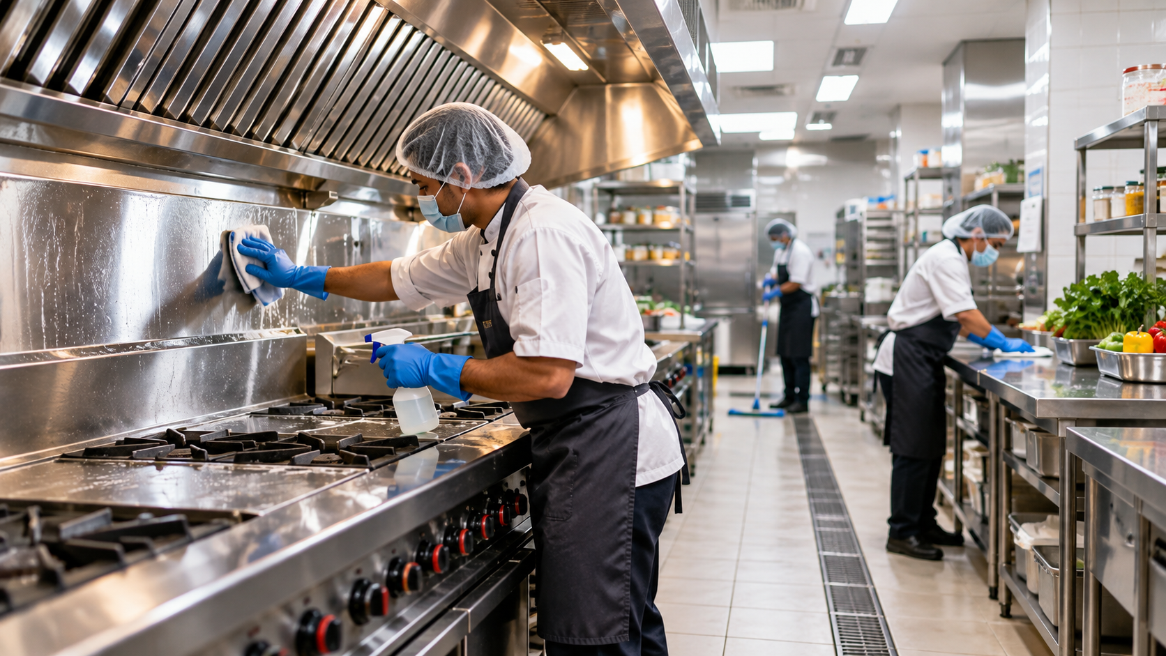 Commercial kitchen cleaning and hygiene by professional cleaning staff