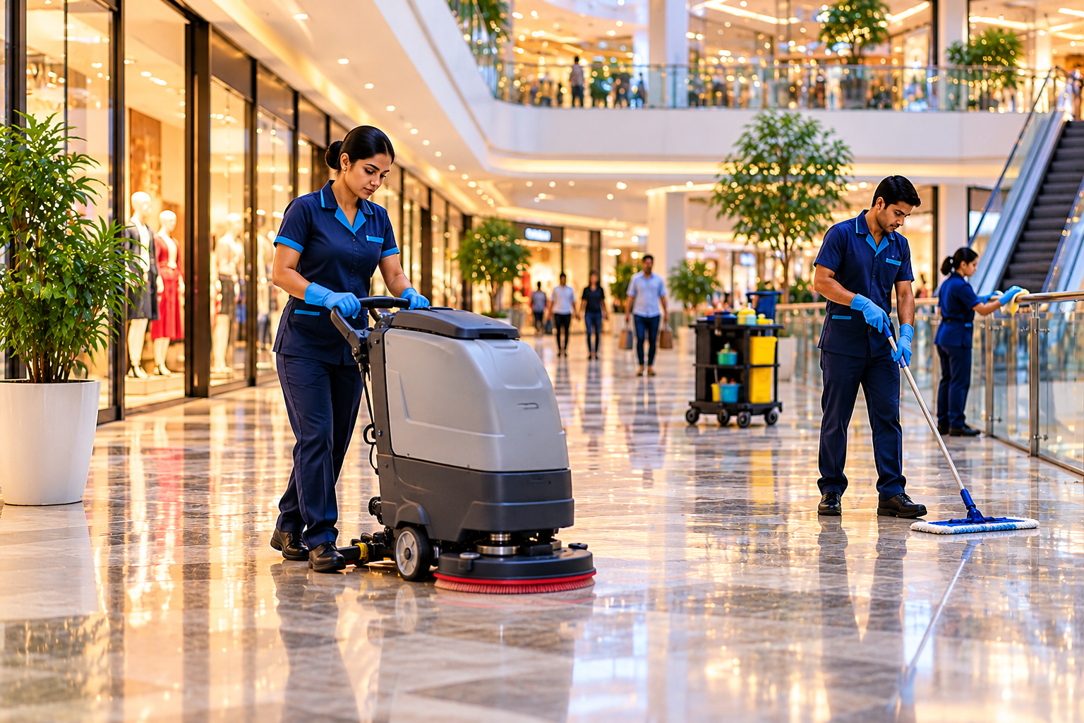 Professional mall cleaning services with trained housekeeping staff